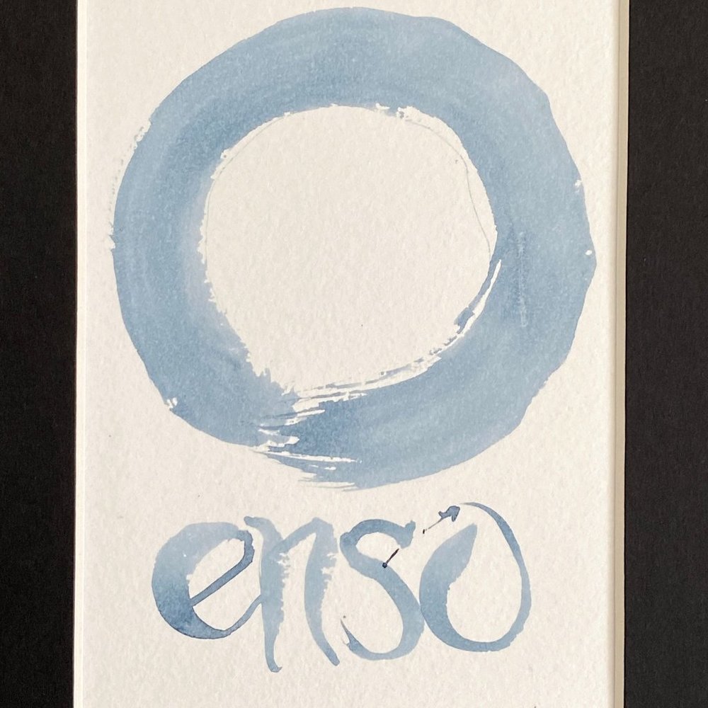 Enso Original Handmade Indigo Blue Watercolor Painting Black Mat 8x10in